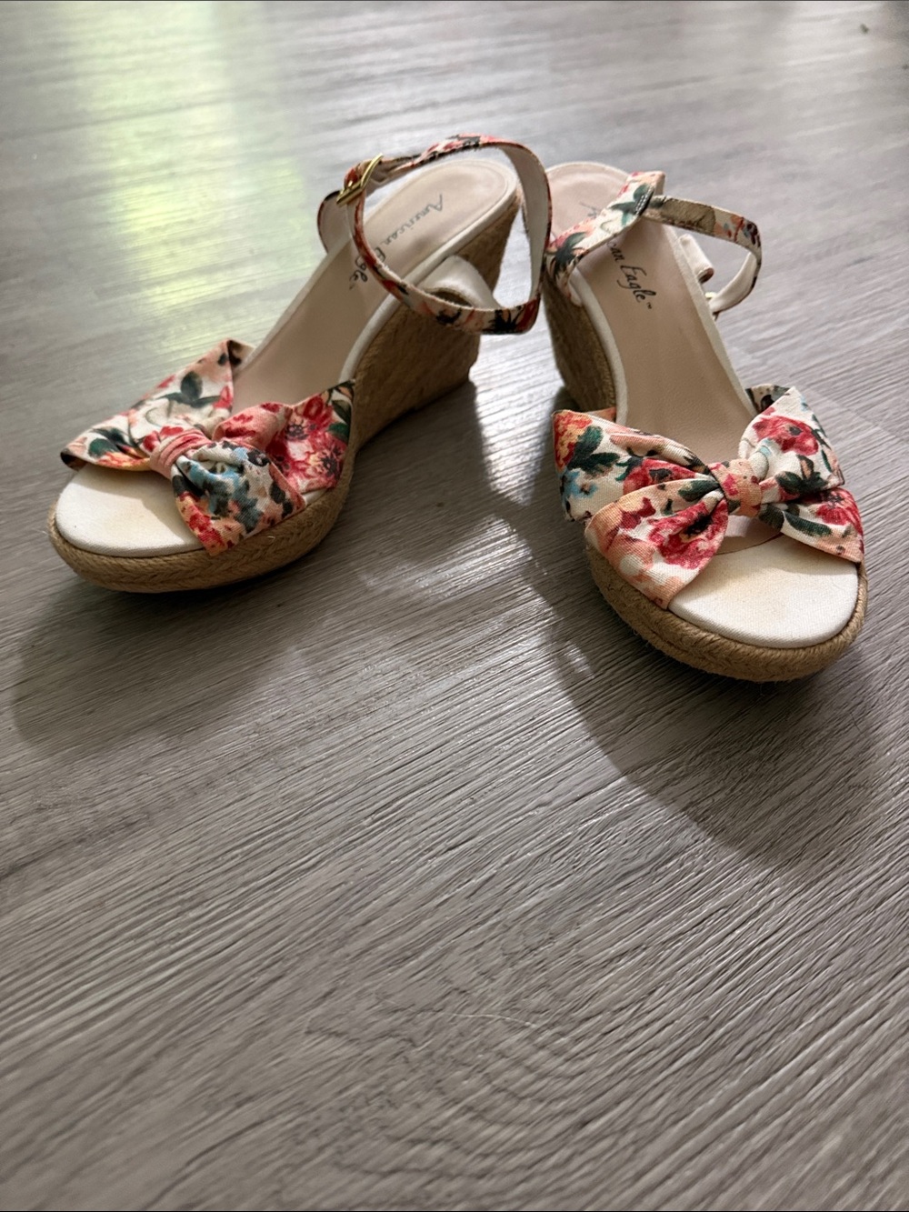 American Eagle Floral Bow Espadrille Wedge Sandals - Ankle Strap Sz 9 EUC